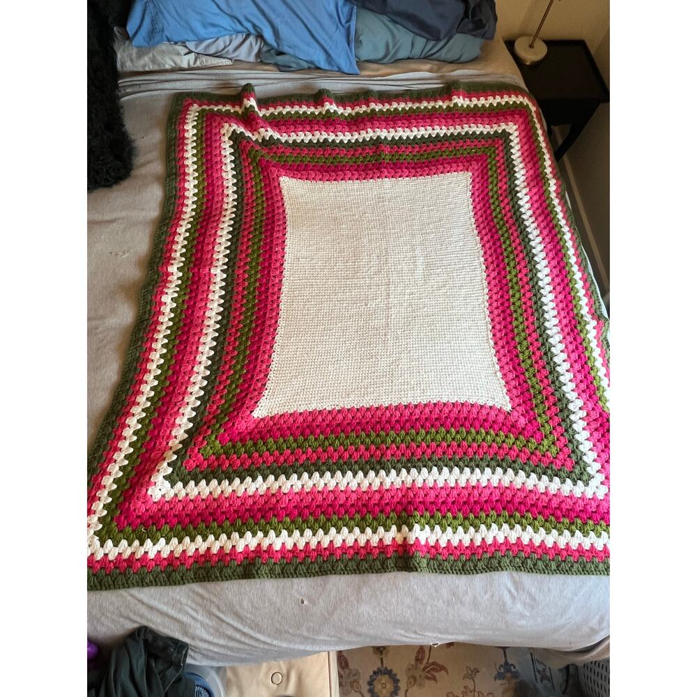 VTG Handmade Granny Square Crochet Blanket Afghan Throw 59x49 watermelon multi